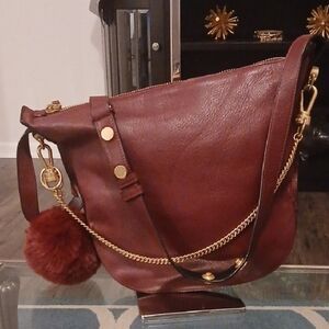 All Saints Burgundy Leather Crossbody Bag with Gold Accents